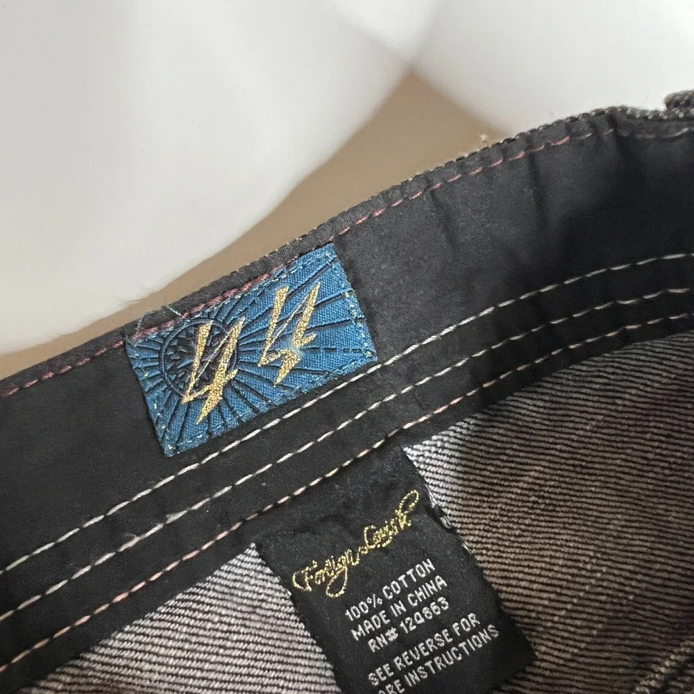 Foreign Lavish Mens 44 Dark Wash Baggy Denim Jeans Gun Embroidery Y2K Streetwear